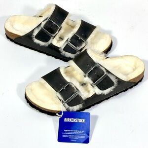 Birkenstock Arizona Slide Sandals Iron Nubuck Natural Genuine Shearling 8 39NEW